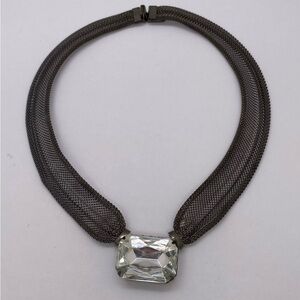 Elegant Black Metal Mesh Necklace with Crystal Pendant
